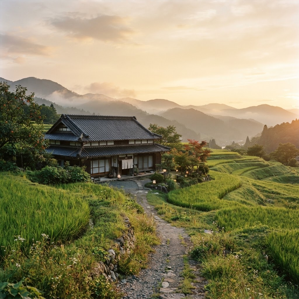 A traditional Japanese house at golden hour, surrounded by rice terraces and misty mountains